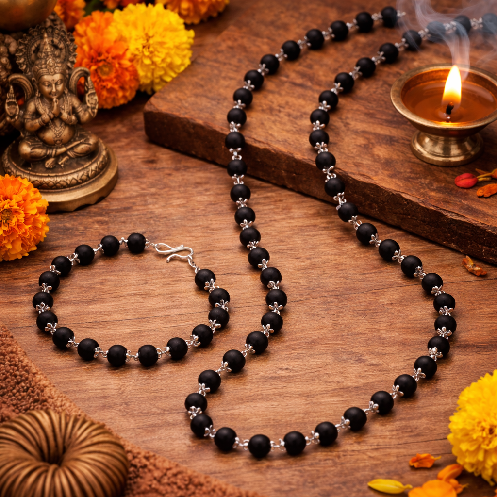 Silver Plated Karungali Mala & Bracelet Combo for Men | AMULYAH