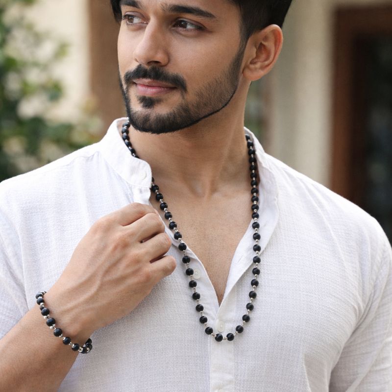 Silver Plated Karungali Mala & Bracelet Combo for Men | AMULYAH