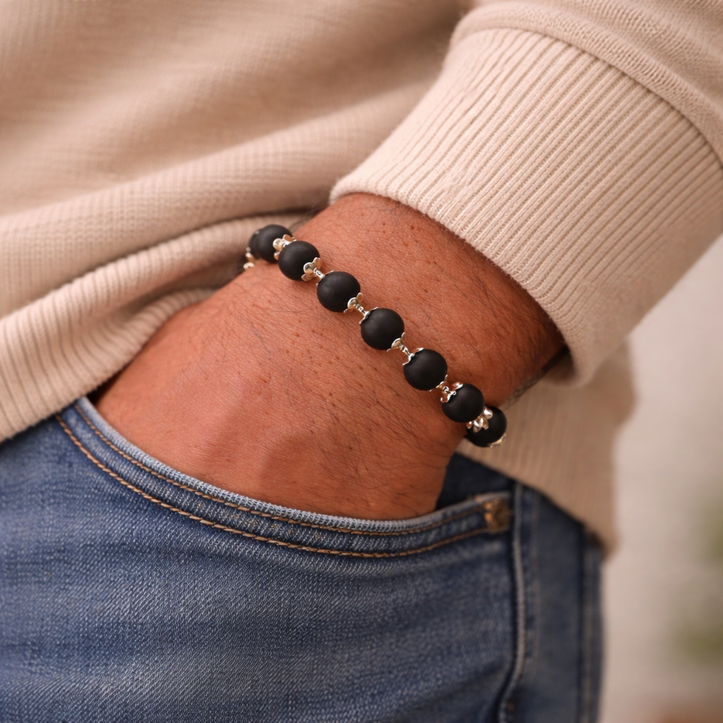 Karungali Beads Bracelet for Men (Silver Plated)