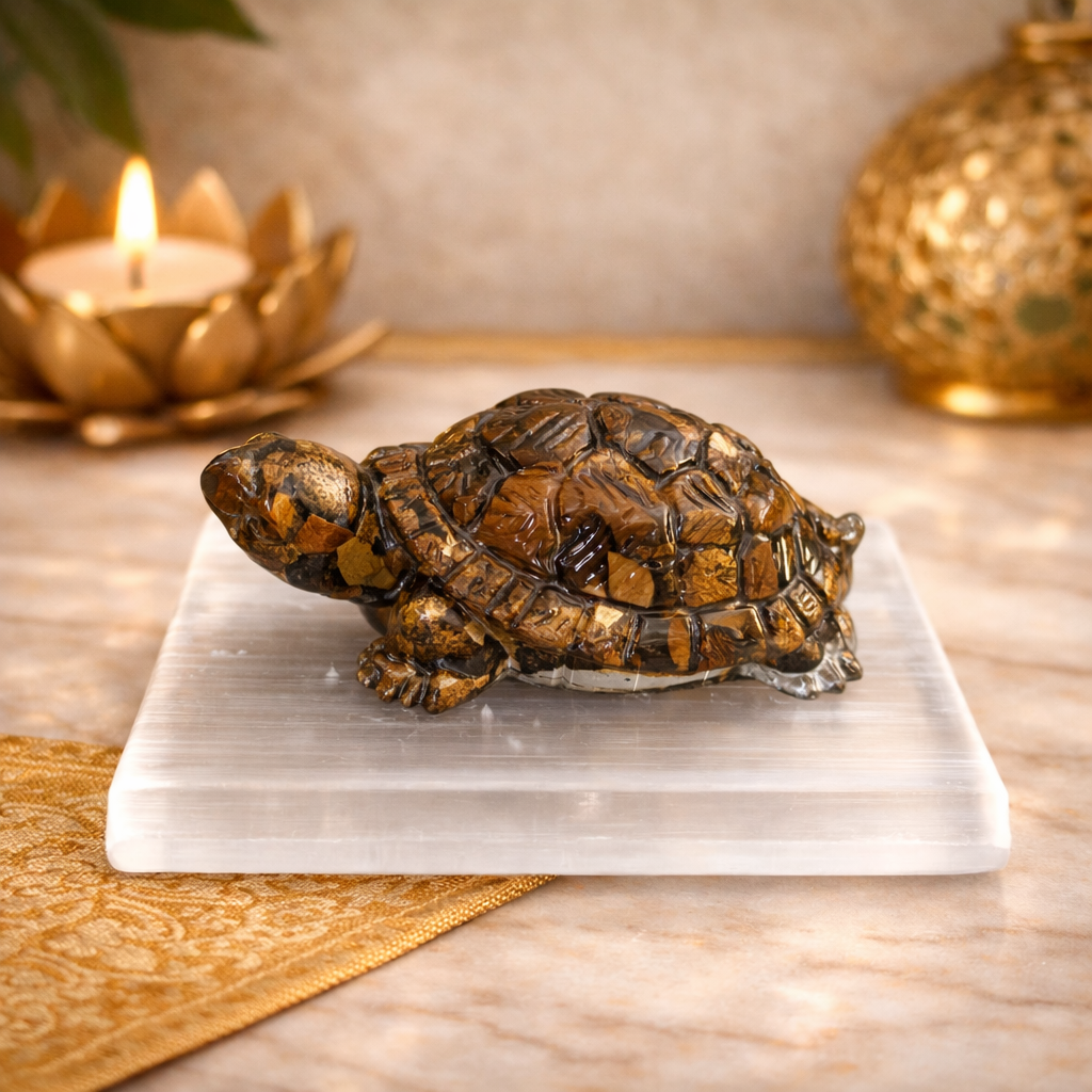 Stability Turtle with Selenite Plate (Tiger Eye)