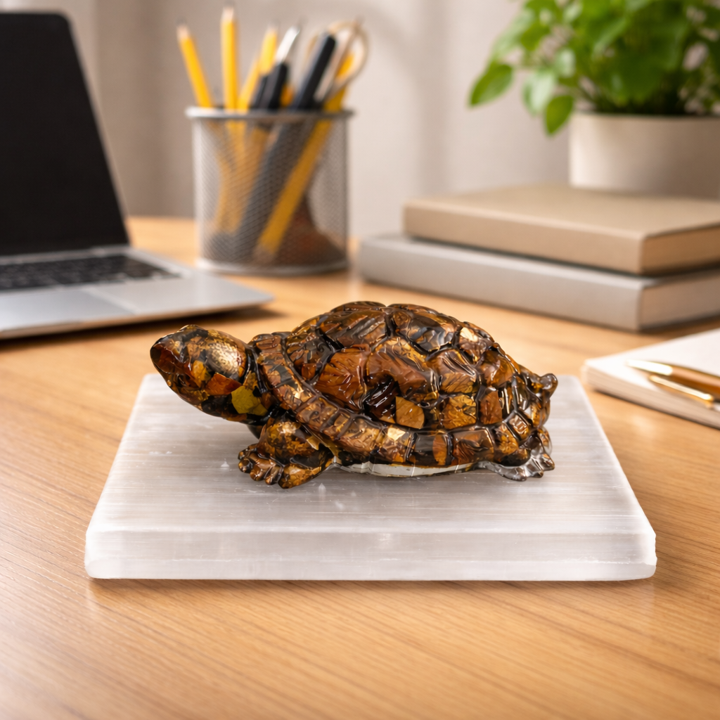 Stability Turtle with Selenite Plate (Tiger Eye)