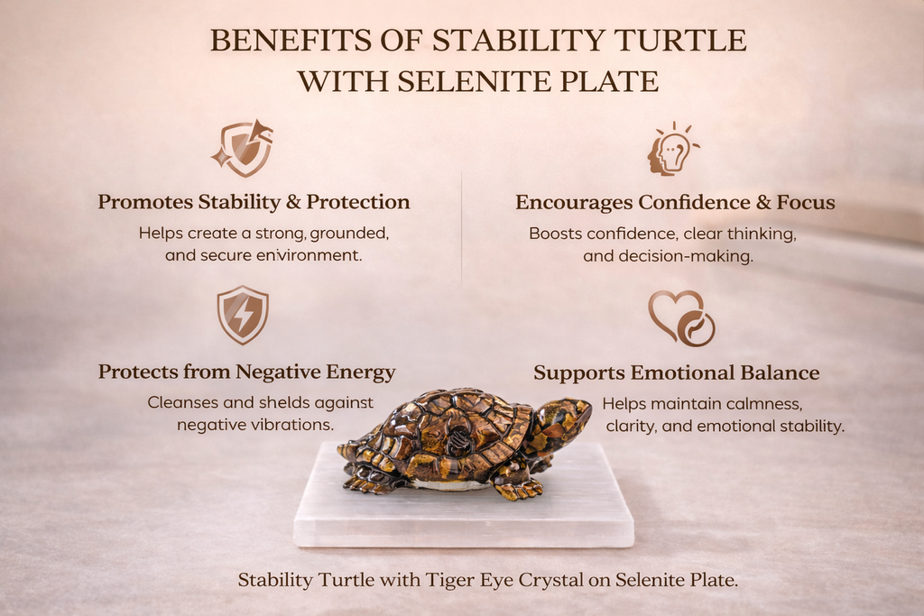 Stability Turtle with Selenite Plate (Tiger Eye)