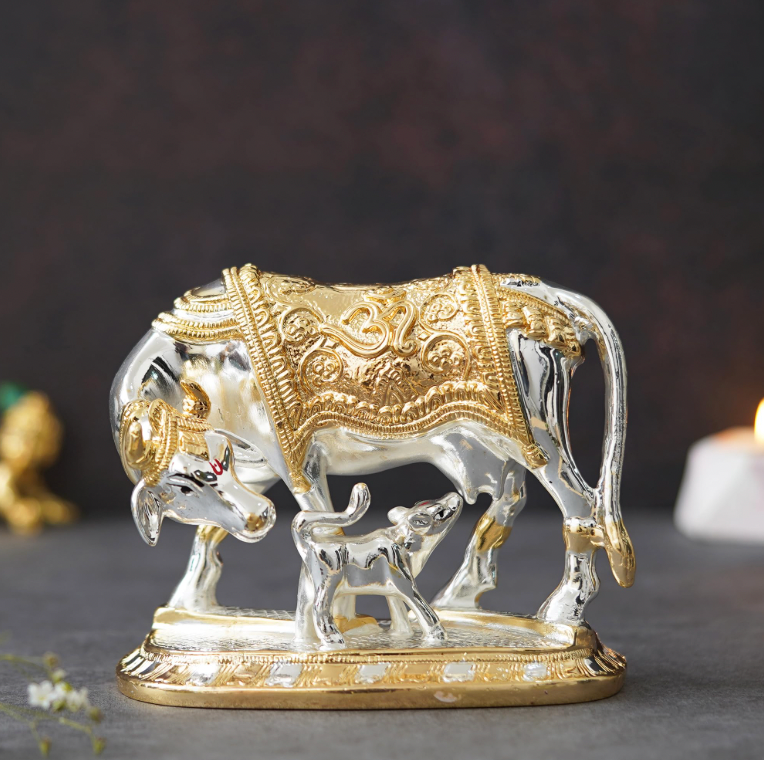 Amulyah Kamdhenu Cow Idol - Gold & Silver Plated (3.5 Inch)