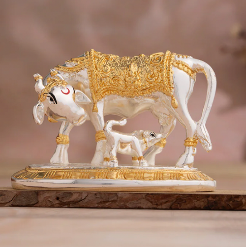 Amulyah Kamdhenu Cow Idol - Gold & Silver Plated (3.5 Inch)