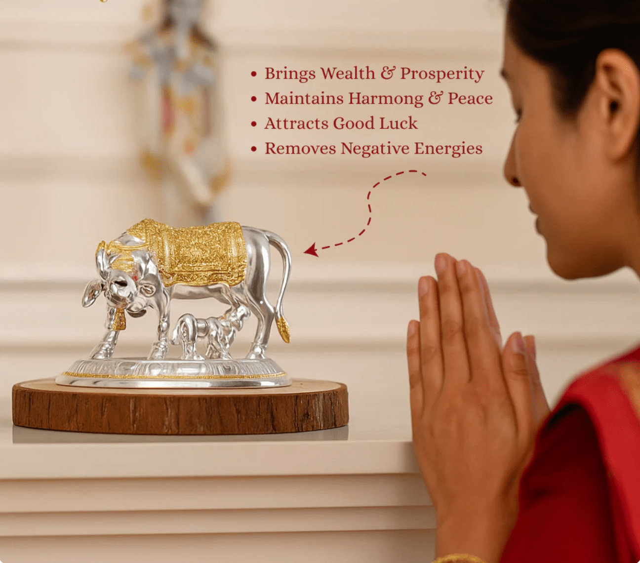 Kamdhenu Vastu Idol With Calf - Gold & Silver Plated