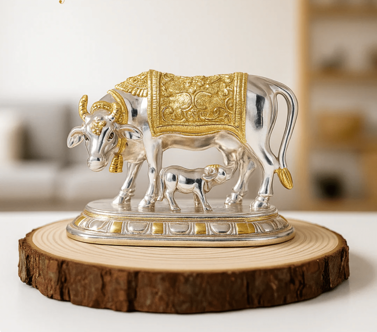 Kamdhenu Vastu Idol With Calf - Gold & Silver Plated